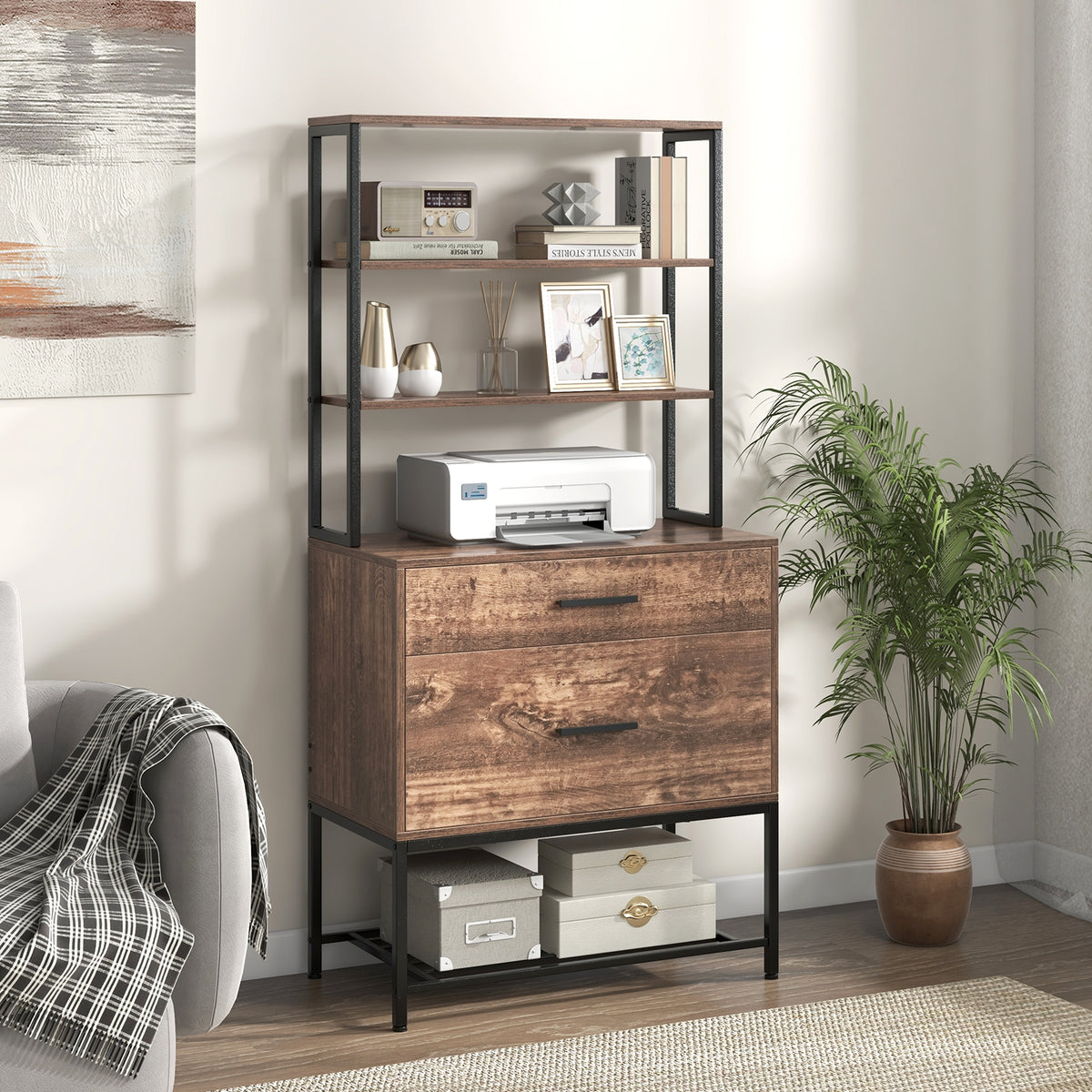 Freestanding File Cabinet with Charging Station and 3-Tier Open Shelves-Rustic Brown-File Cabinets-DECOROLALA