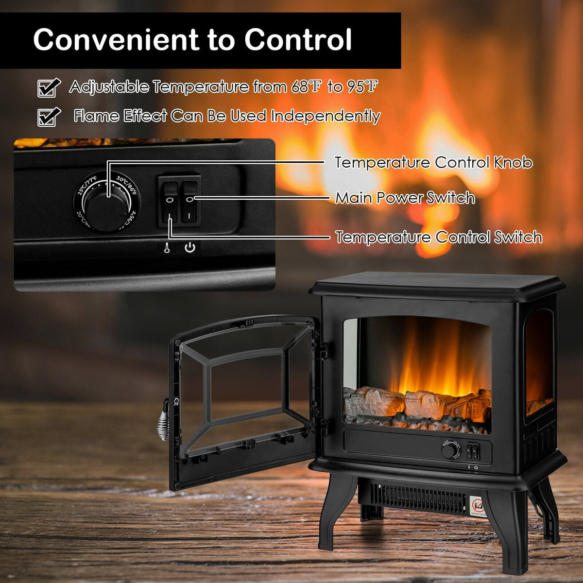Freestanding Fireplace Heater with Realistic Dancing Flame Effect-Black-Fireplaces-DECOROLALA