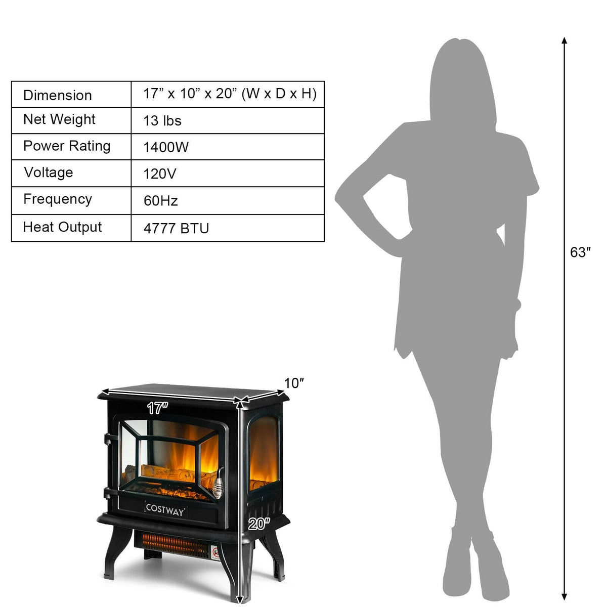 Freestanding Fireplace Heater with Realistic Dancing Flame Effect-Black-Fireplaces-DECOROLALA