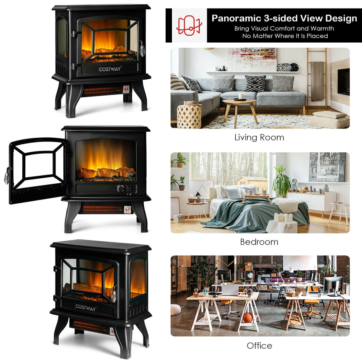 Freestanding Fireplace Heater with Realistic Dancing Flame Effect-Black-Fireplaces-DECOROLALA