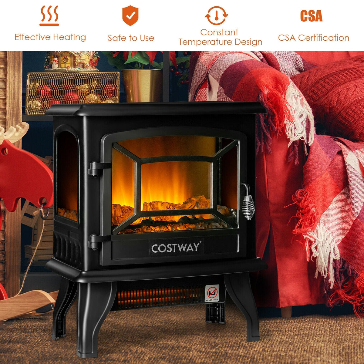 Freestanding Fireplace Heater with Realistic Dancing Flame Effect-Black-Fireplaces-DECOROLALA