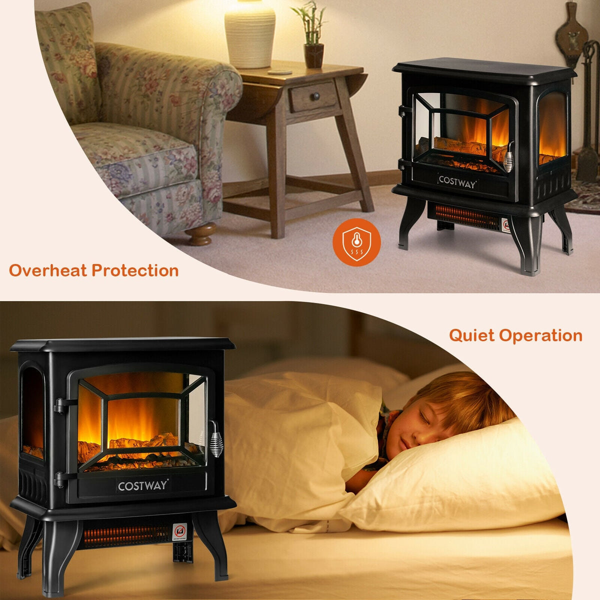 Freestanding Fireplace Heater with Realistic Dancing Flame Effect-Black-Fireplaces-DECOROLALA