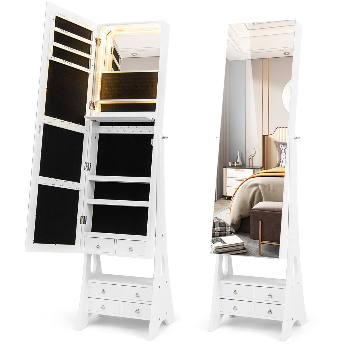 Freestanding Full Length LED Mirrored Jewelry Armoire with 6 Drawers-White-Jewelry Armoires-DECOROLALA