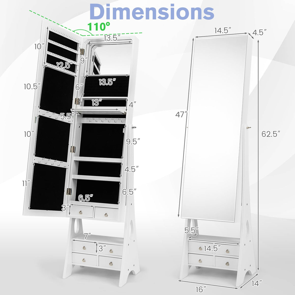 Freestanding Full Length LED Mirrored Jewelry Armoire with 6 Drawers-White-Jewelry Armoires-DECOROLALA