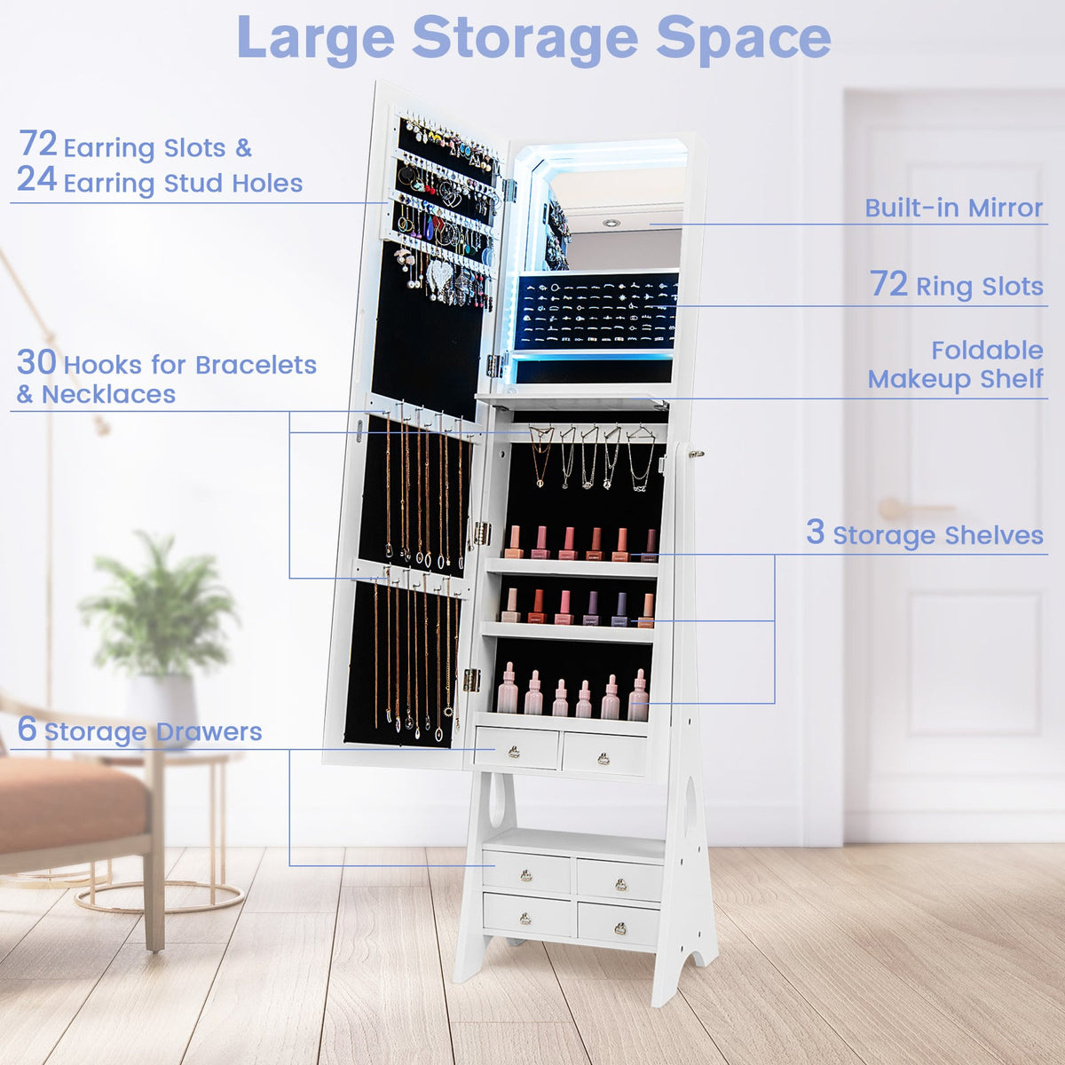 Freestanding Full Length LED Mirrored Jewelry Armoire with 6 Drawers-White-Jewelry Armoires-DECOROLALA