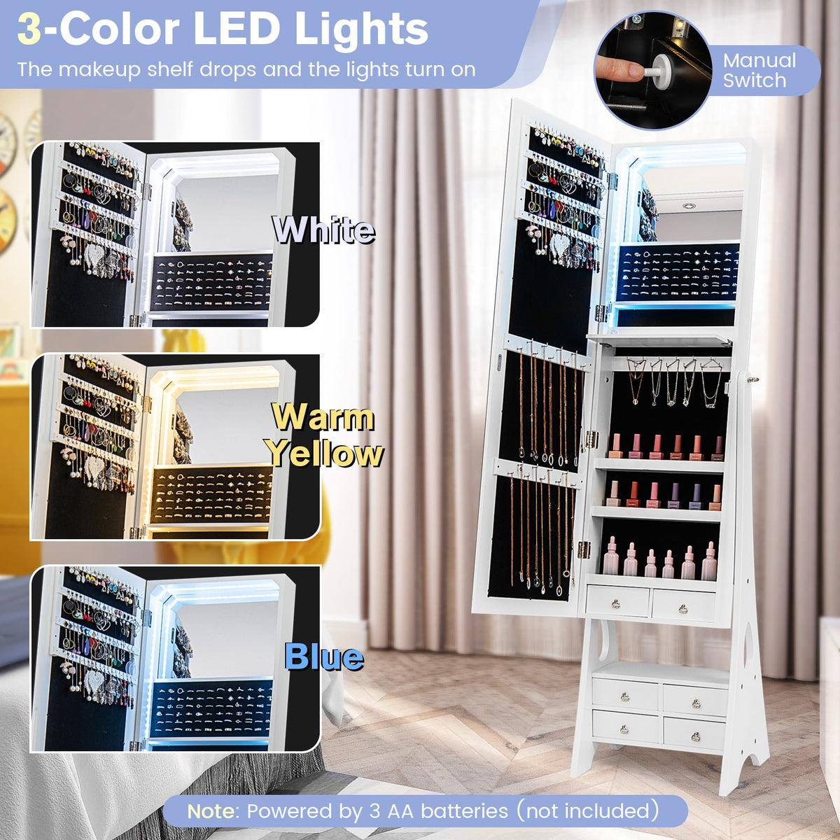 Freestanding Full Length LED Mirrored Jewelry Armoire with 6 Drawers-White-Jewelry Armoires-DECOROLALA