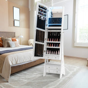 Freestanding Full Length LED Mirrored Jewelry Armoire with 6 Drawers-White-Jewelry Armoires-DECOROLALA