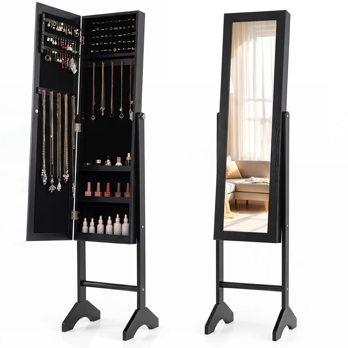 Freestanding Jewelry Armoire with Velvet Lining and Full Length Mirror-Black-Jewelry Armoires-DECOROLALA