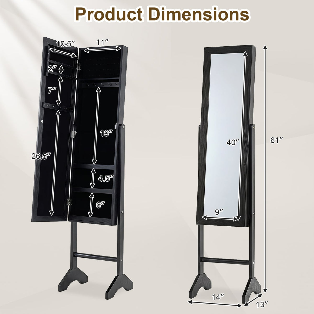 Freestanding Jewelry Armoire with Velvet Lining and Full Length Mirror-Black-Jewelry Armoires-DECOROLALA