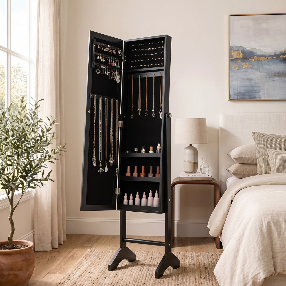 Freestanding Jewelry Armoire with Velvet Lining and Full Length Mirror-Black-Jewelry Armoires-DECOROLALA