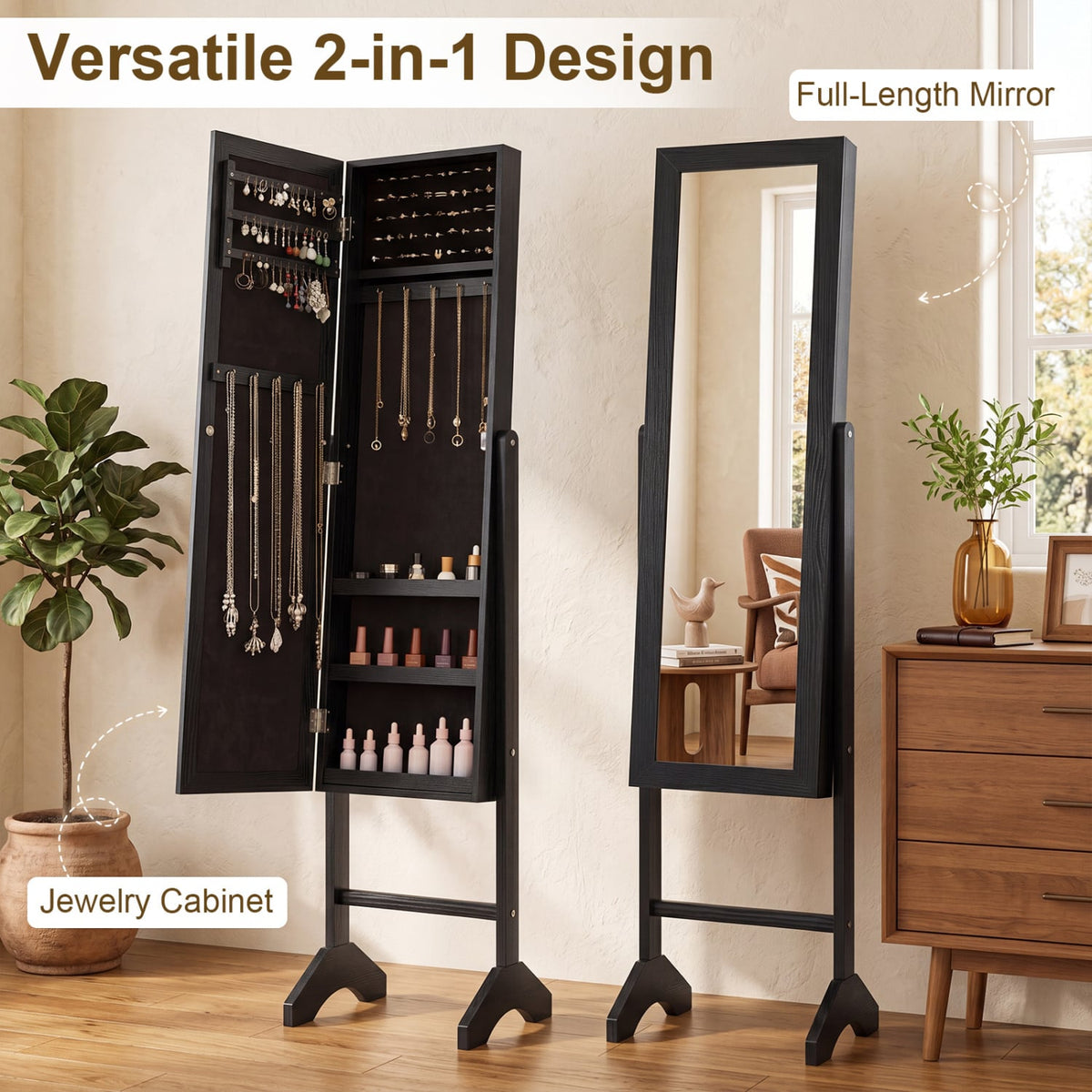Freestanding Jewelry Armoire with Velvet Lining and Full Length Mirror-Black-Jewelry Armoires-DECOROLALA