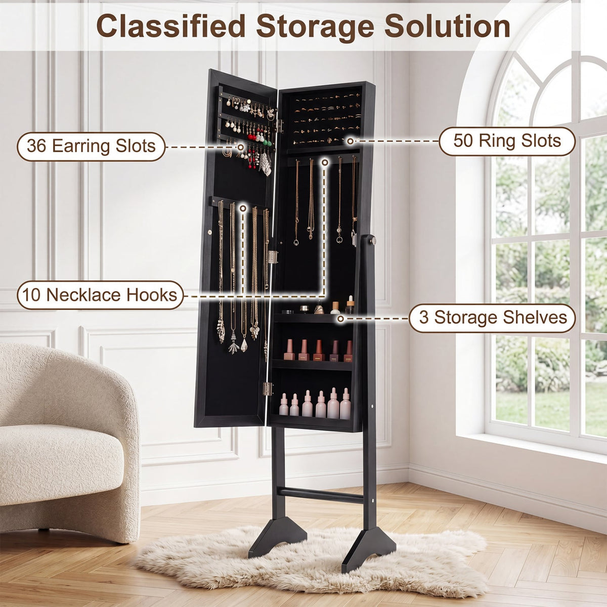 Freestanding Jewelry Armoire with Velvet Lining and Full Length Mirror-Black-Jewelry Armoires-DECOROLALA