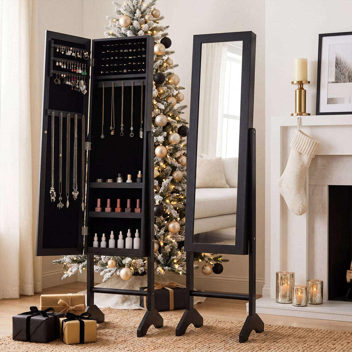 Freestanding Jewelry Armoire with Velvet Lining and Full Length Mirror-Black-Jewelry Armoires-DECOROLALA