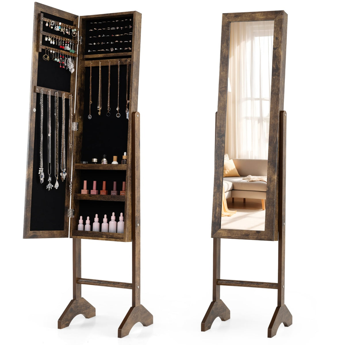 Freestanding Jewelry Armoire with Velvet Lining and Full Length Mirror-Brown-Jewelry Armoires-DECOROLALA