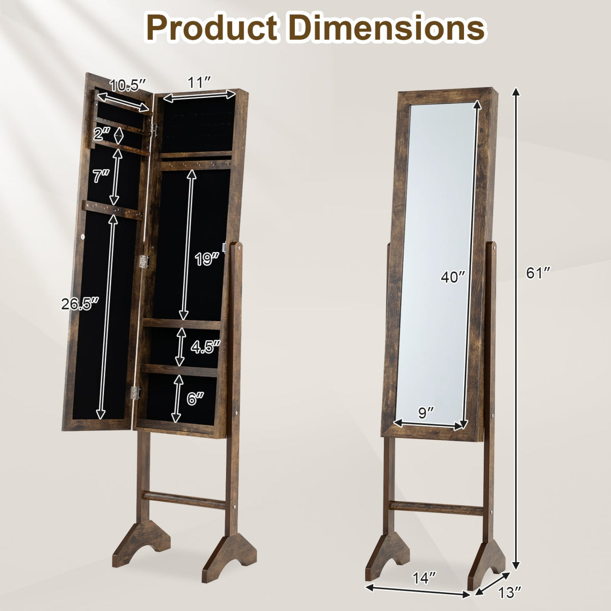 Freestanding Jewelry Armoire with Velvet Lining and Full Length Mirror-Brown-Jewelry Armoires-DECOROLALA