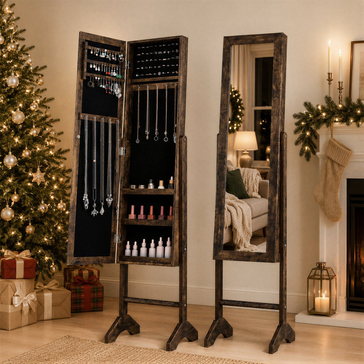 Freestanding Jewelry Armoire with Velvet Lining and Full Length Mirror-Brown-Jewelry Armoires-DECOROLALA