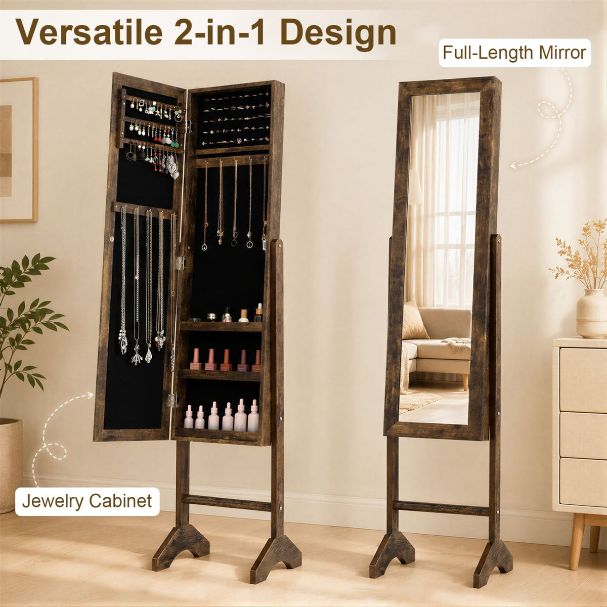 Freestanding Jewelry Armoire with Velvet Lining and Full Length Mirror-Brown-Jewelry Armoires-DECOROLALA