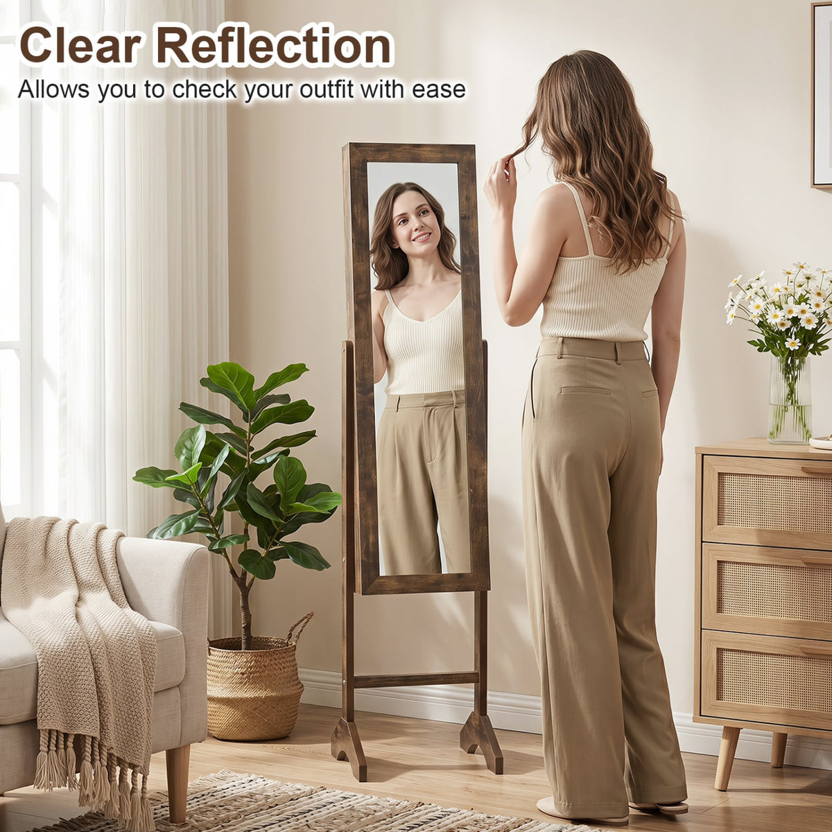 Freestanding Jewelry Armoire with Velvet Lining and Full Length Mirror-Brown-Jewelry Armoires-DECOROLALA