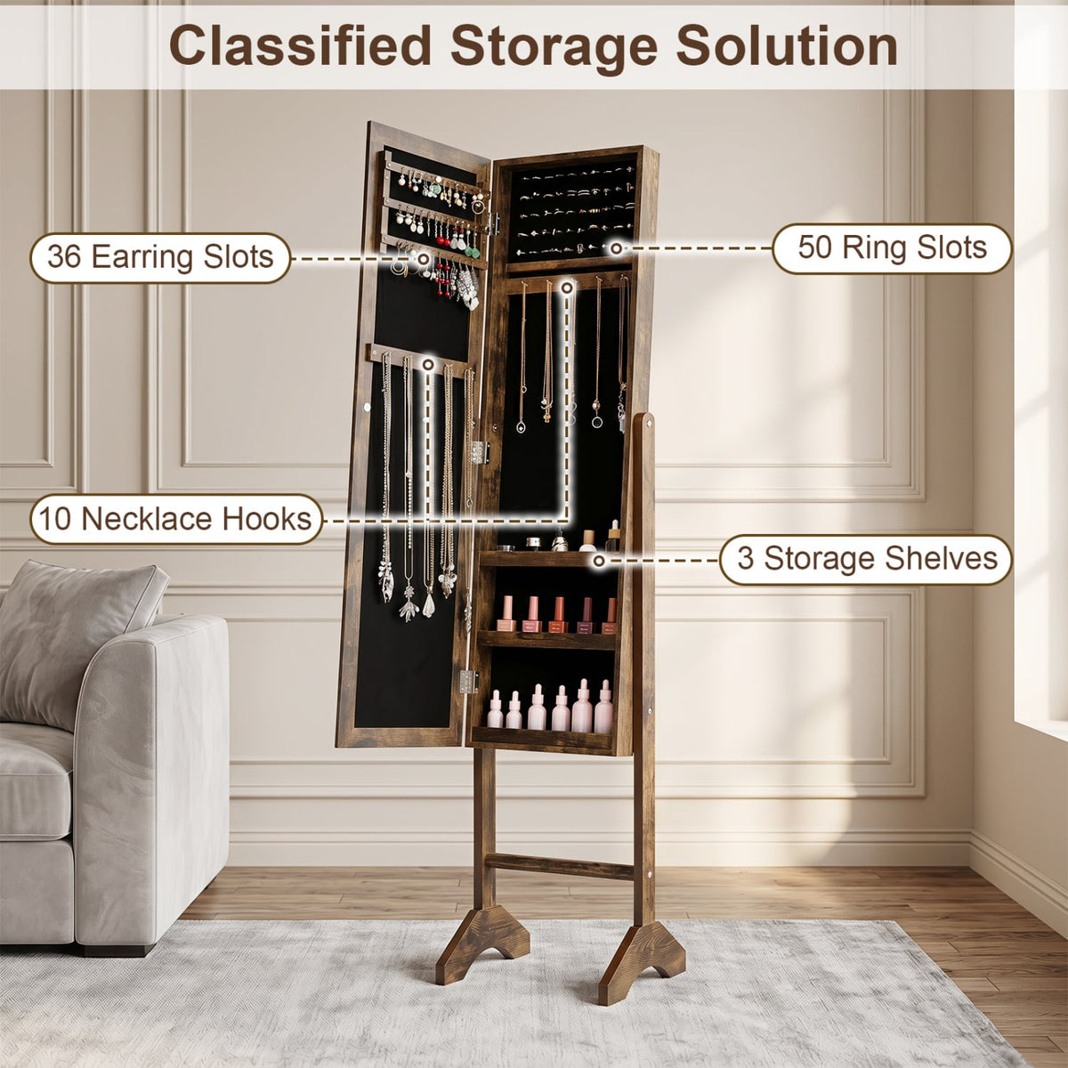 Freestanding Jewelry Armoire with Velvet Lining and Full Length Mirror-Brown-Jewelry Armoires-DECOROLALA