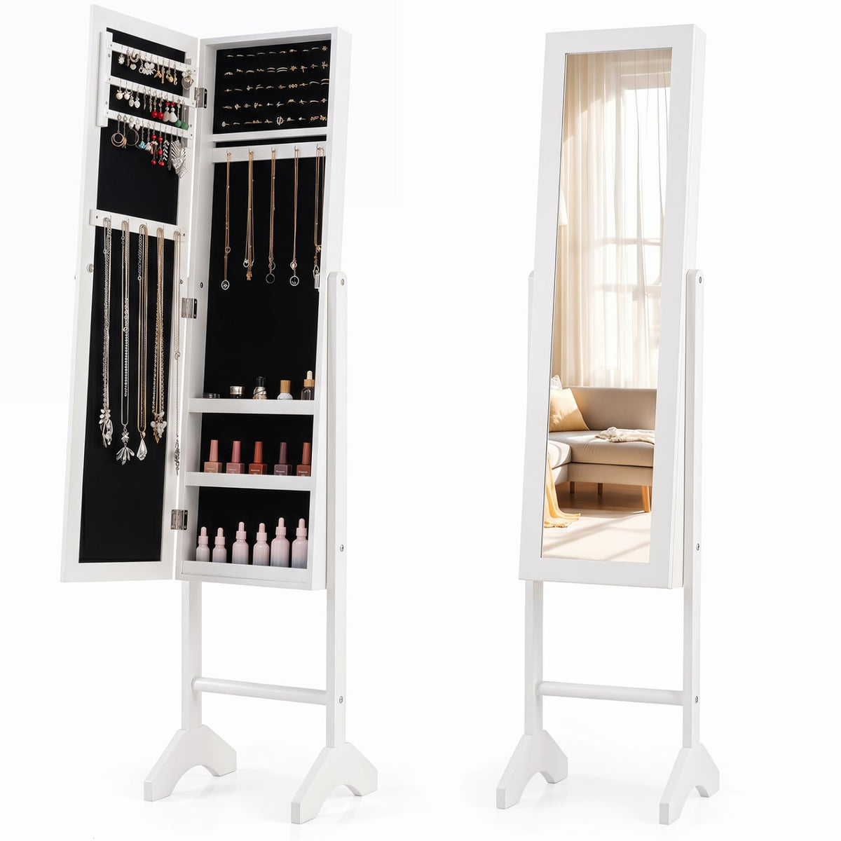 Freestanding Jewelry Armoire with Velvet Lining and Full Length Mirror-White-Jewelry Armoires-DECOROLALA