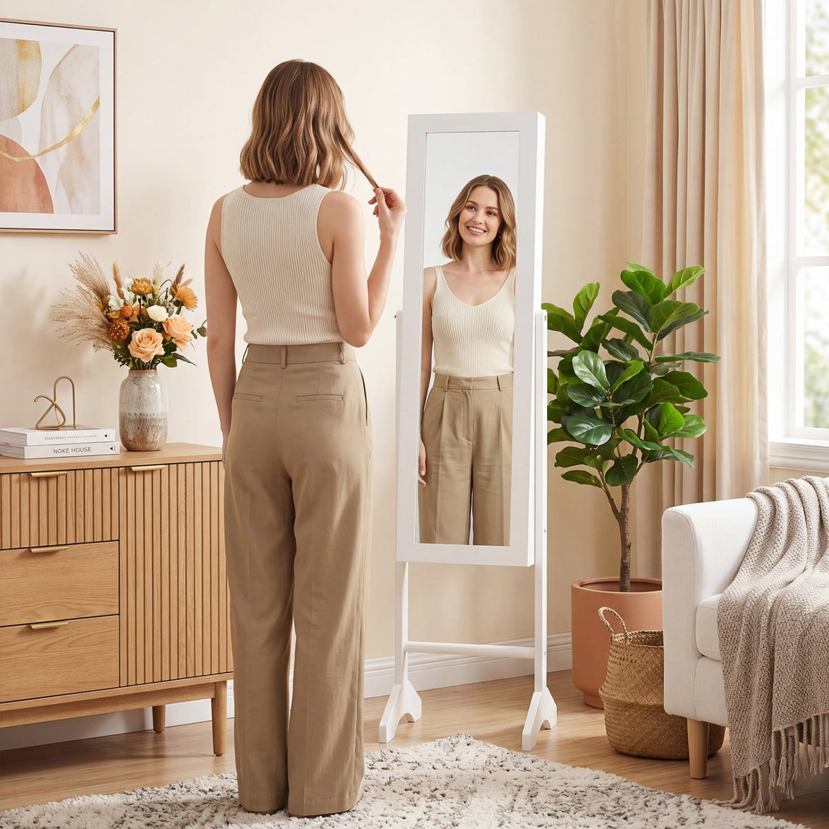 Freestanding Jewelry Armoire with Velvet Lining and Full Length Mirror-White-Jewelry Armoires-DECOROLALA