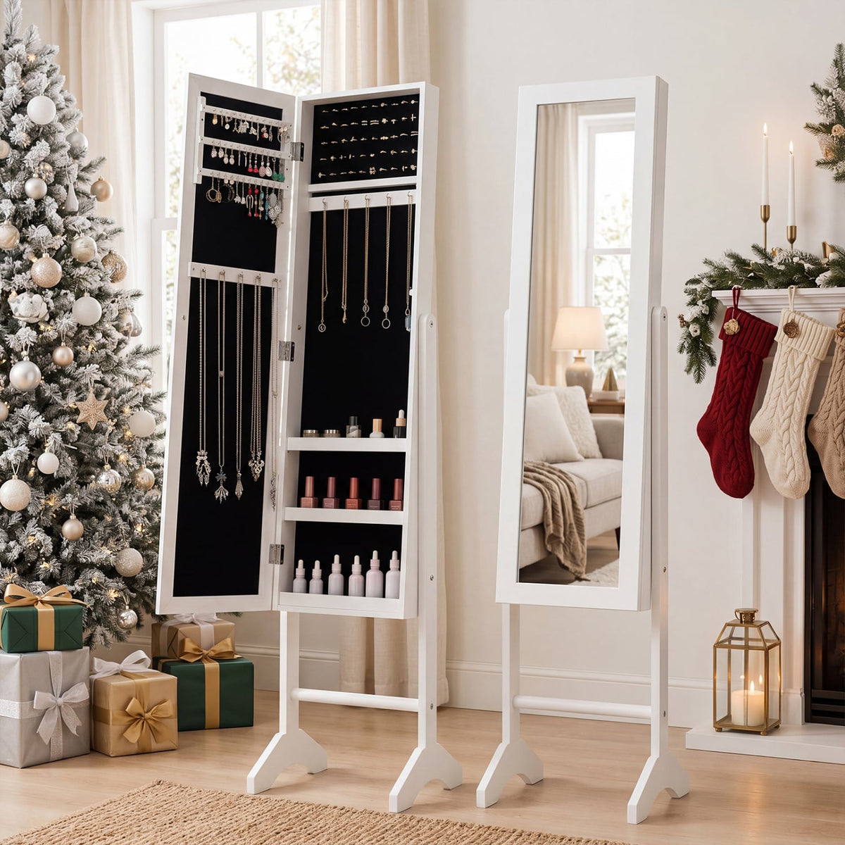 Freestanding Jewelry Armoire with Velvet Lining and Full Length Mirror-White-Jewelry Armoires-DECOROLALA