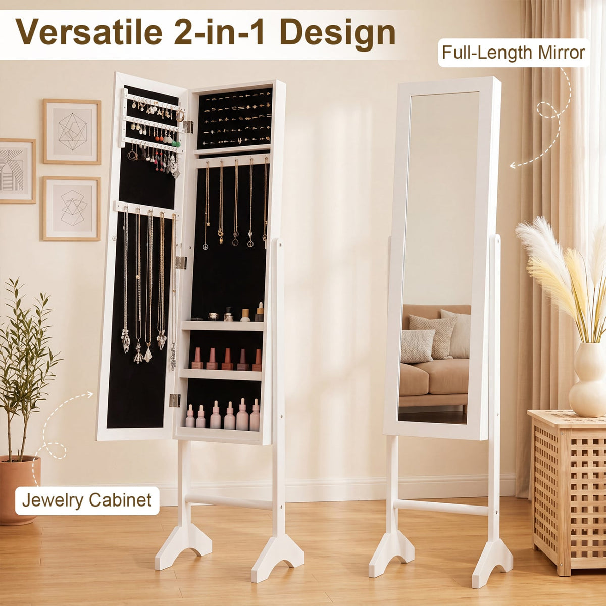 Freestanding Jewelry Armoire with Velvet Lining and Full Length Mirror-White-Jewelry Armoires-DECOROLALA