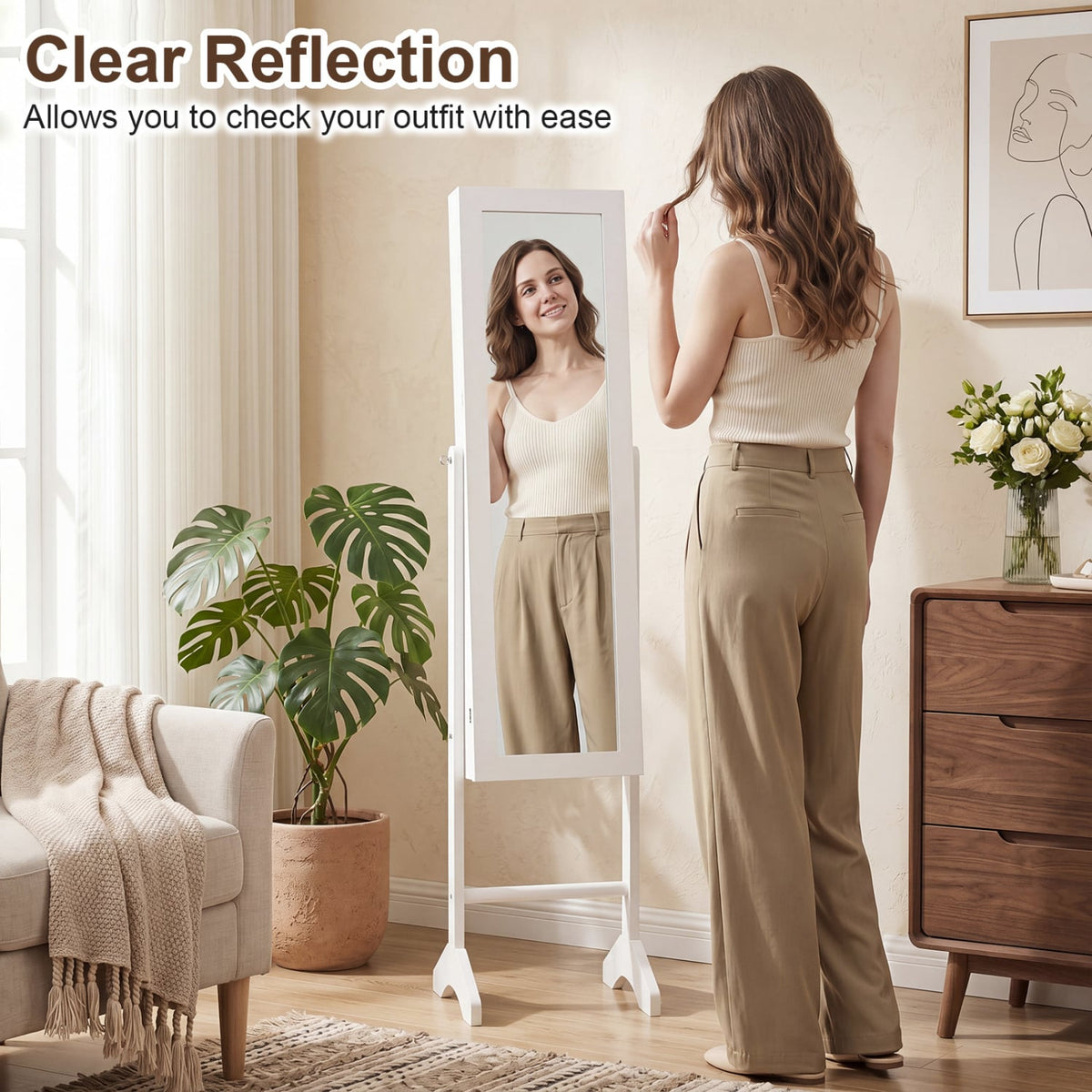 Freestanding Jewelry Armoire with Velvet Lining and Full Length Mirror-White-Jewelry Armoires-DECOROLALA