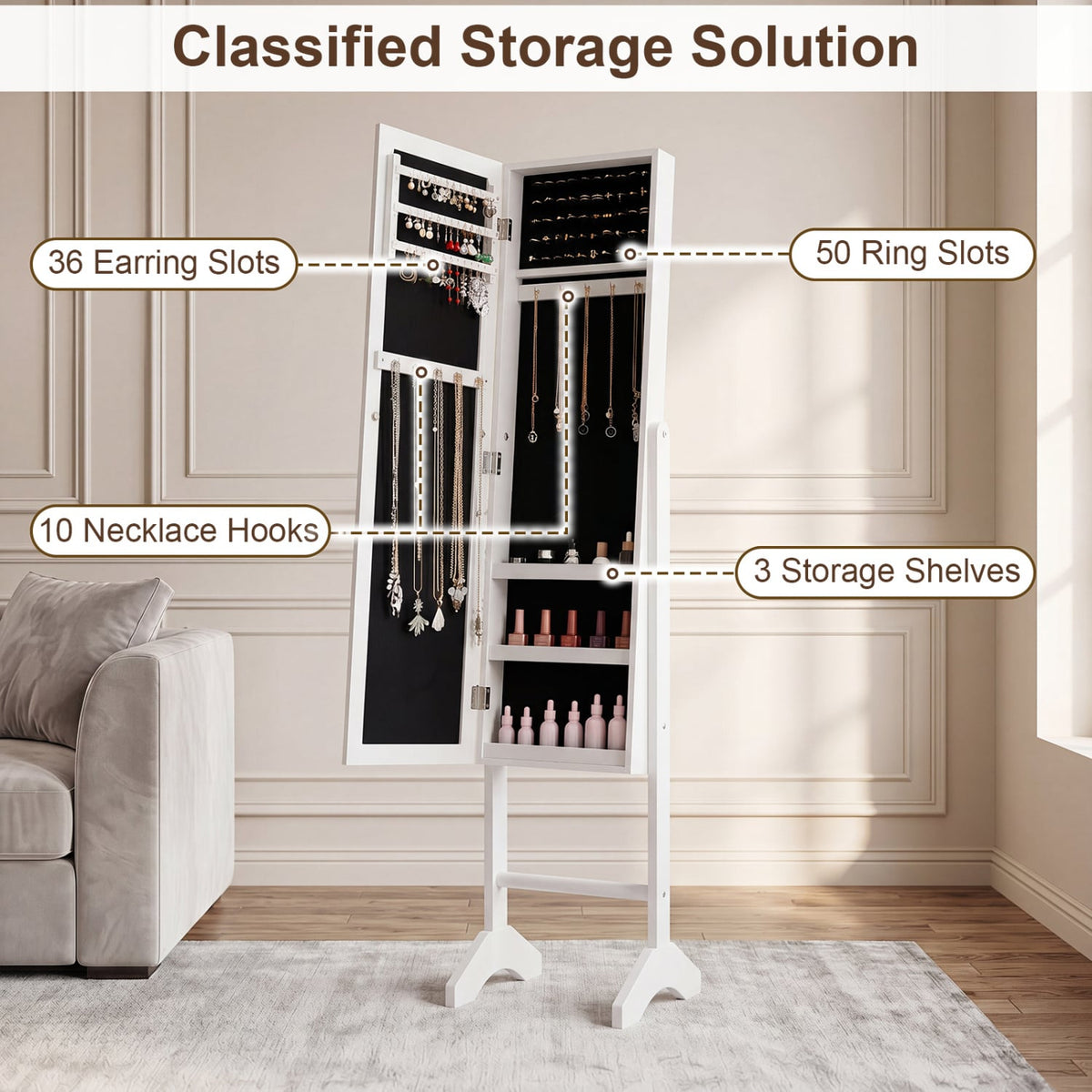 Freestanding Jewelry Armoire with Velvet Lining and Full Length Mirror-White-Jewelry Armoires-DECOROLALA
