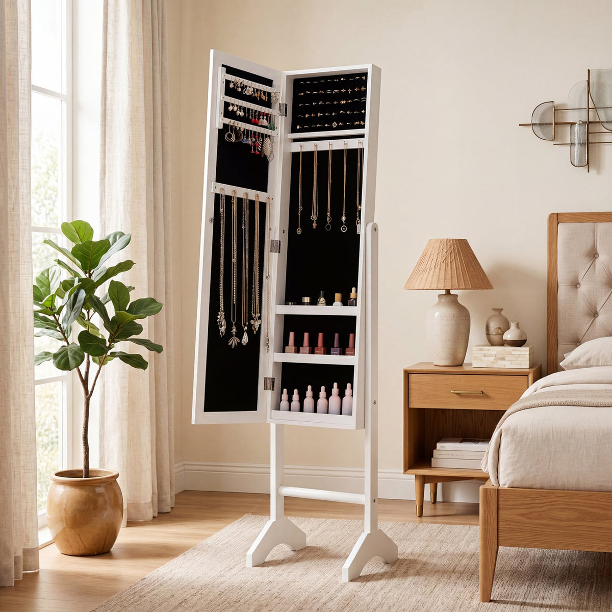 Freestanding Jewelry Armoire with Velvet Lining and Full Length Mirror-White-Jewelry Armoires-DECOROLALA