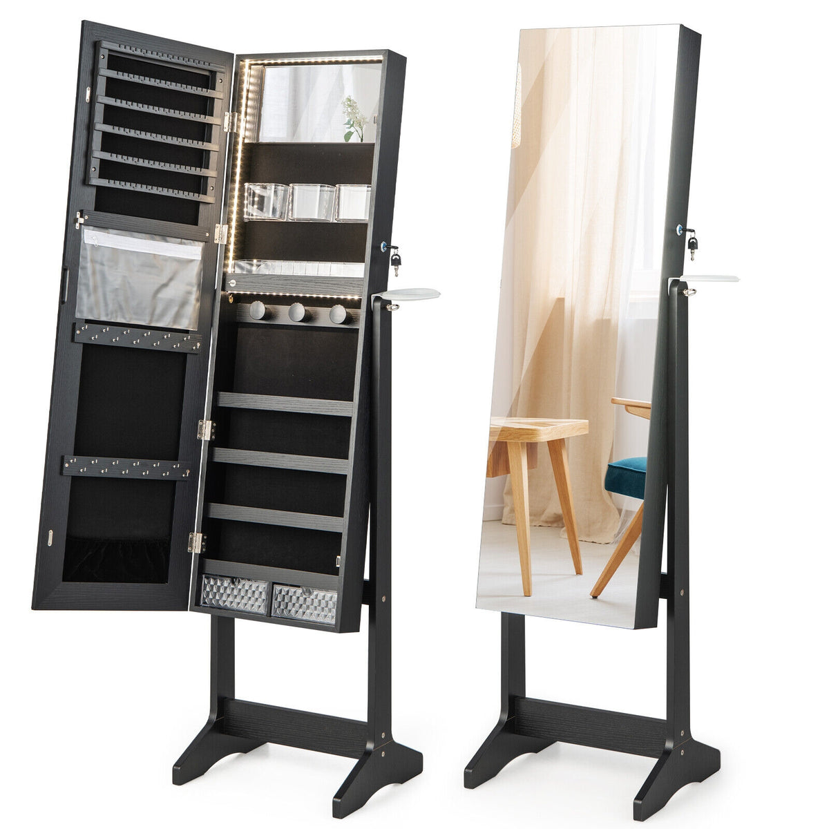 Freestanding Jewelry Cabinet with Full Length Mirror-Black-Jewelry Armoires-DECOROLALA