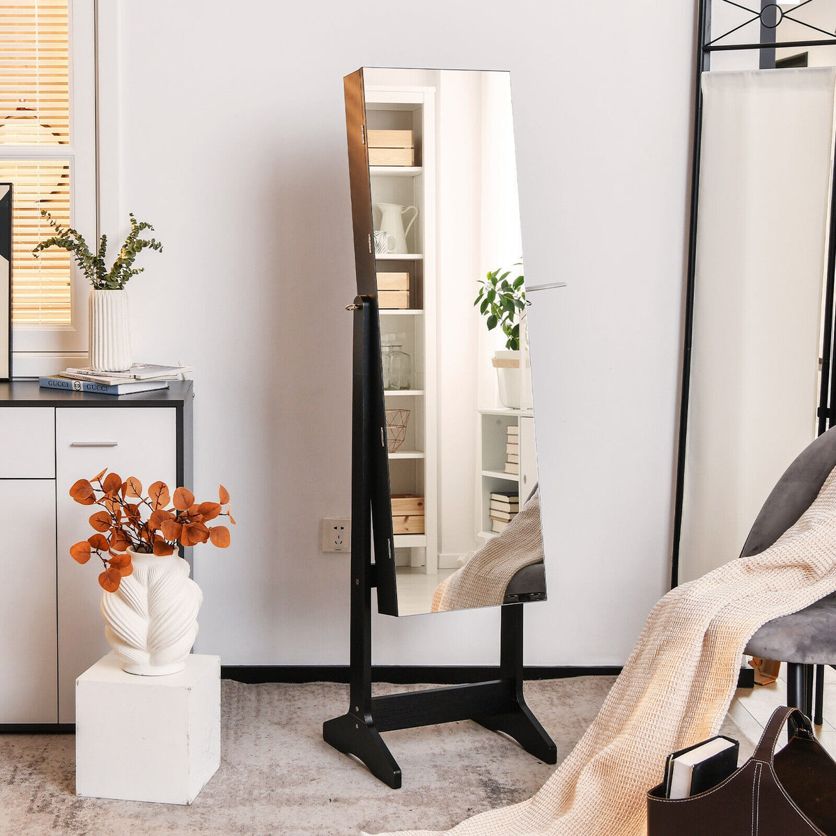 Freestanding Jewelry Cabinet with Full Length Mirror-Black-Jewelry Armoires-DECOROLALA