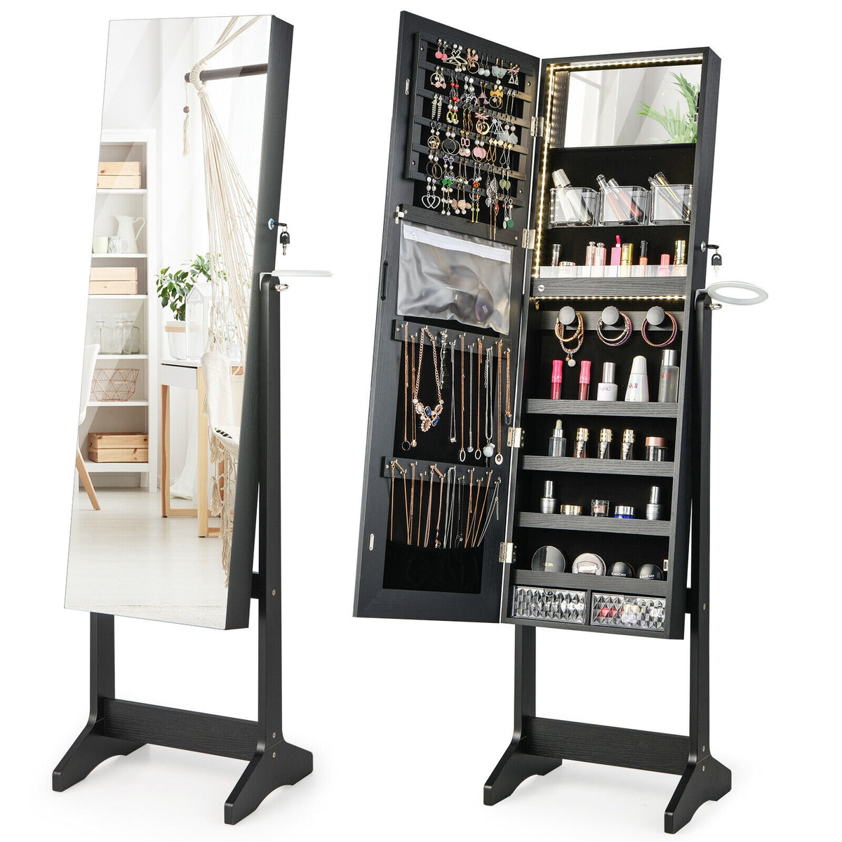 Freestanding Jewelry Cabinet with Full Length Mirror-Black-Jewelry Armoires-DECOROLALA