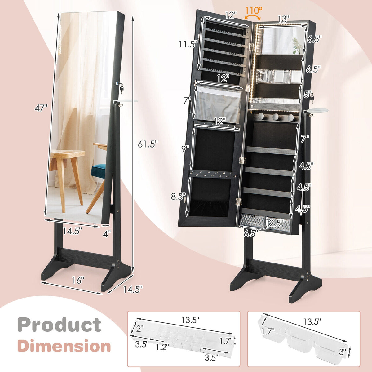 Freestanding Jewelry Cabinet with Full Length Mirror-Black-Jewelry Armoires-DECOROLALA