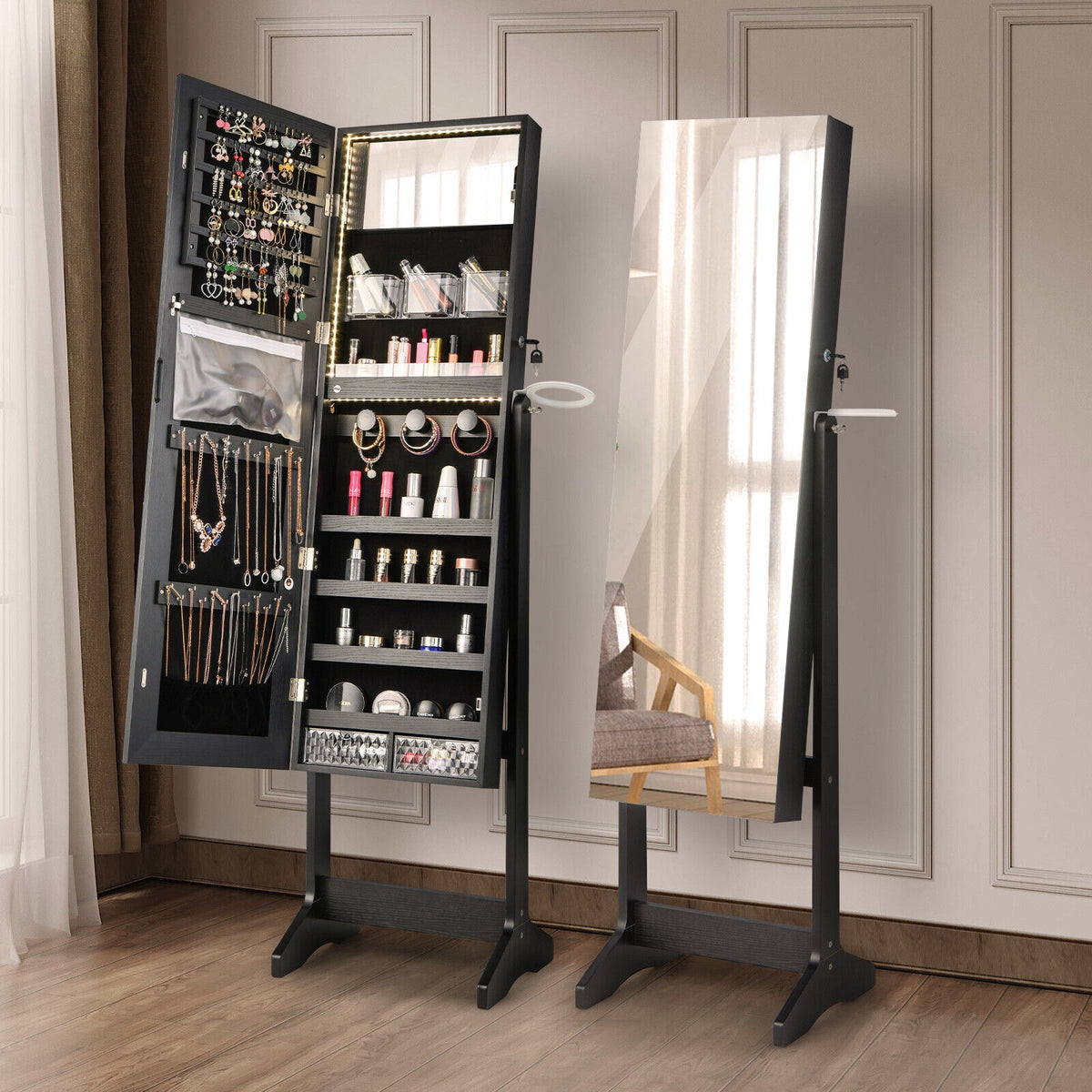 Freestanding Jewelry Cabinet with Full Length Mirror-Black-Jewelry Armoires-DECOROLALA