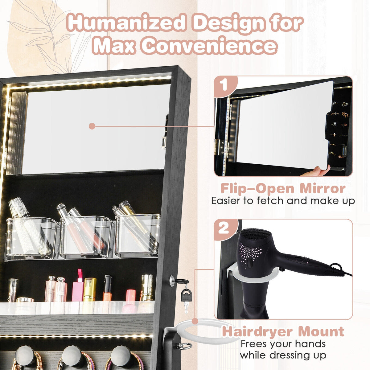 Freestanding Jewelry Cabinet with Full Length Mirror-Black-Jewelry Armoires-DECOROLALA