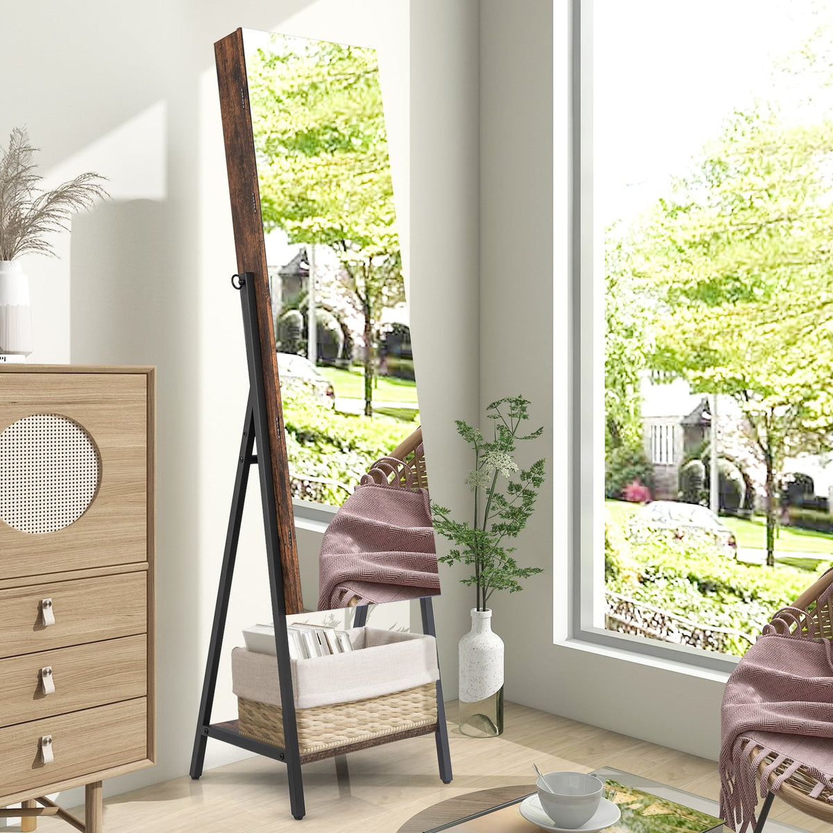 Freestanding Jewelry Cabinet with Full-Length Mirror-Rustic Brown-Jewelry Armoires-DECOROLALA