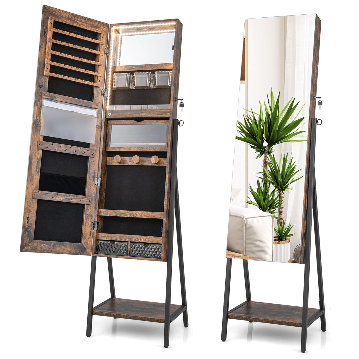 Freestanding Jewelry Cabinet with Full-Length Mirror-Rustic Brown-Jewelry Armoires-DECOROLALA