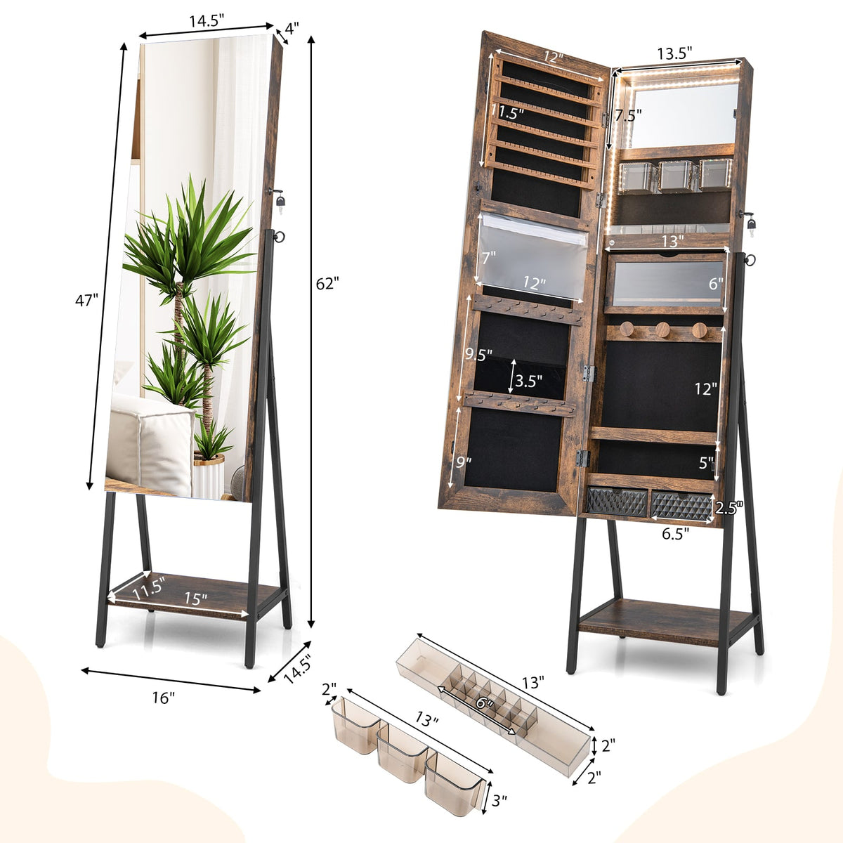 Freestanding Jewelry Cabinet with Full-Length Mirror-Rustic Brown-Jewelry Armoires-DECOROLALA