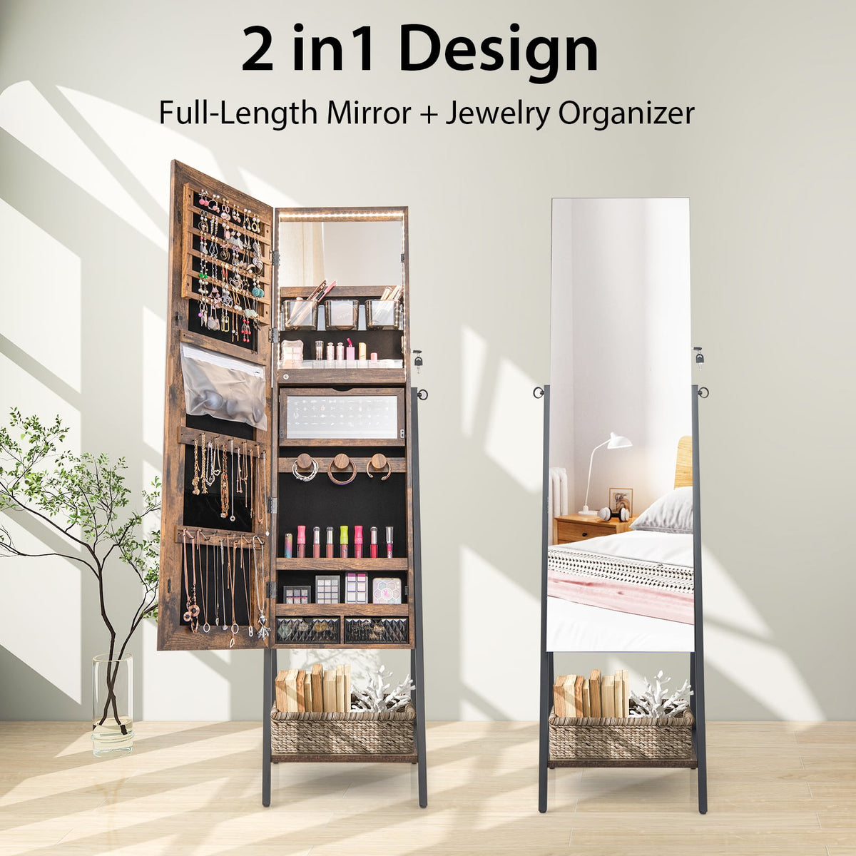 Freestanding Jewelry Cabinet with Full-Length Mirror-Rustic Brown-Jewelry Armoires-DECOROLALA