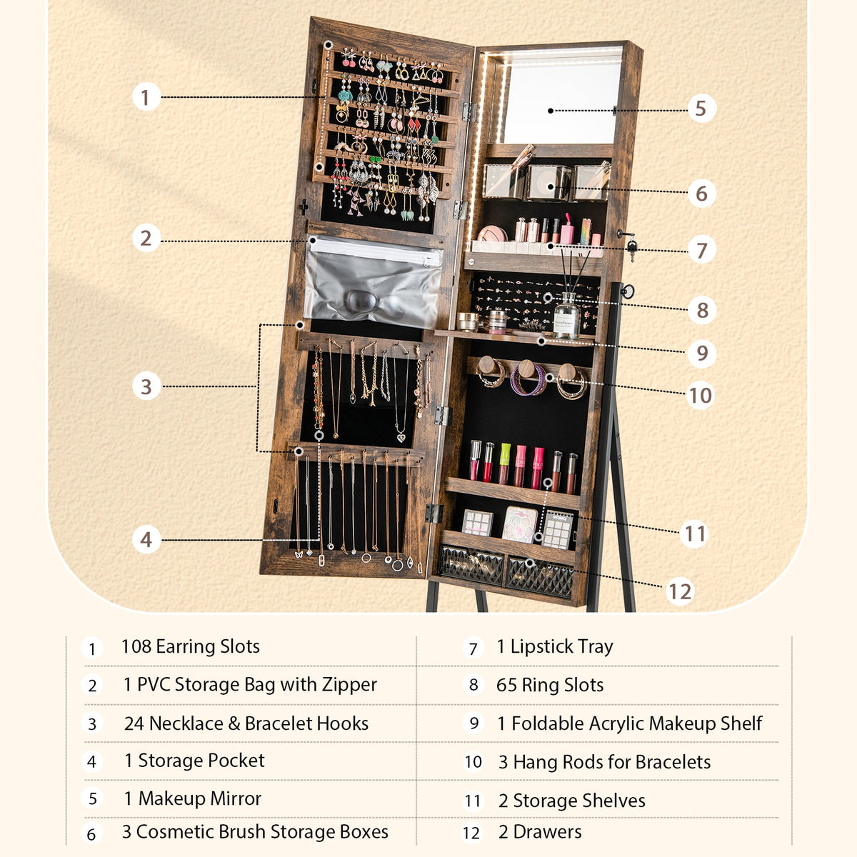 Freestanding Jewelry Cabinet with Full-Length Mirror-Rustic Brown-Jewelry Armoires-DECOROLALA
