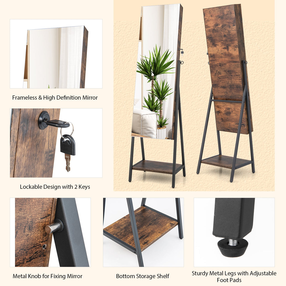 Freestanding Jewelry Cabinet with Full-Length Mirror-Rustic Brown-Jewelry Armoires-DECOROLALA