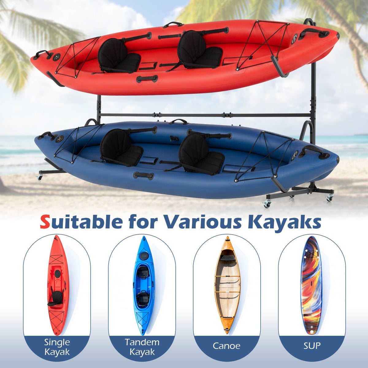 Freestanding Kayak Storage Rack with 6 Lockable Wheels-Black-Surfing-DECOROLALA