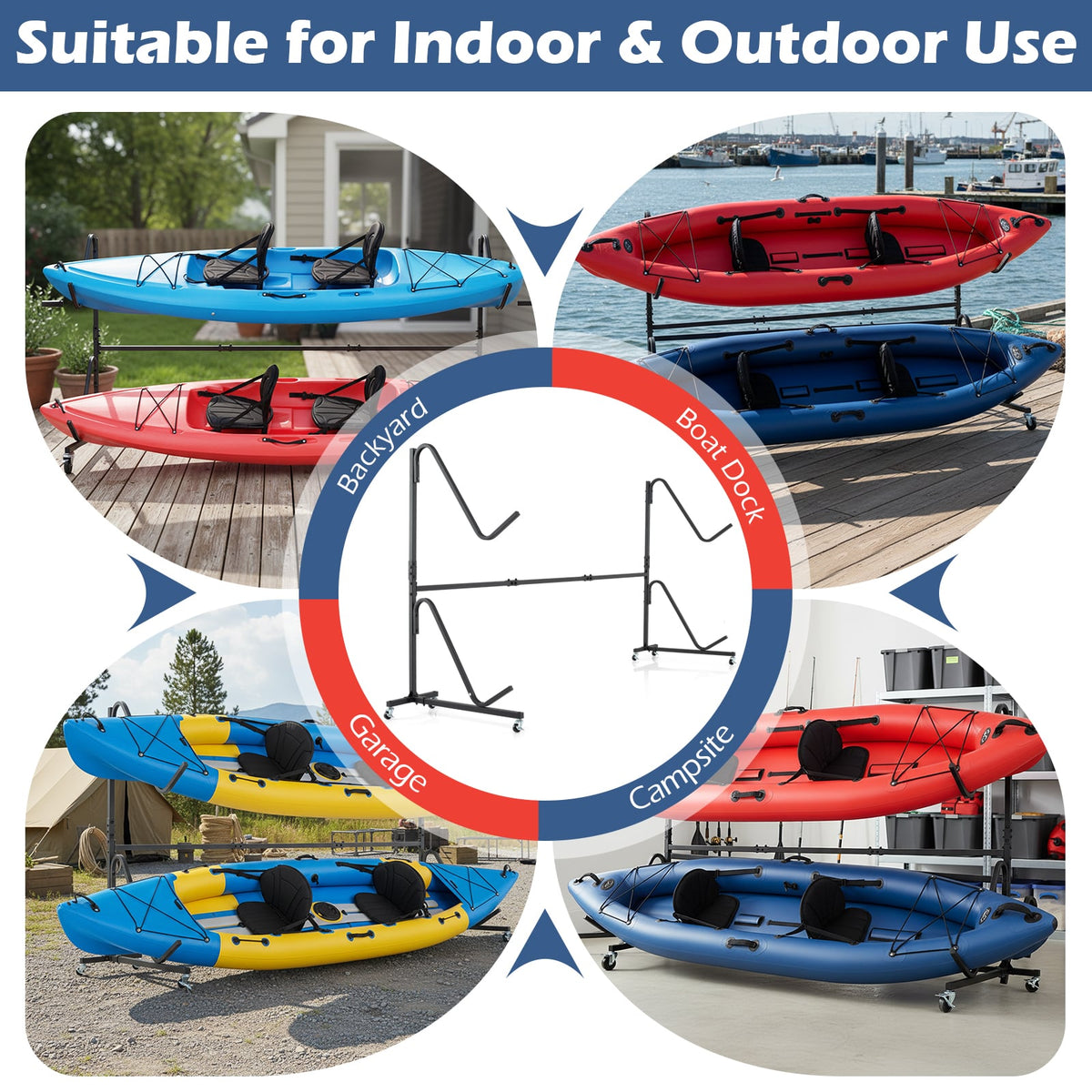Freestanding Kayak Storage Rack with 6 Lockable Wheels-Black-Surfing-DECOROLALA