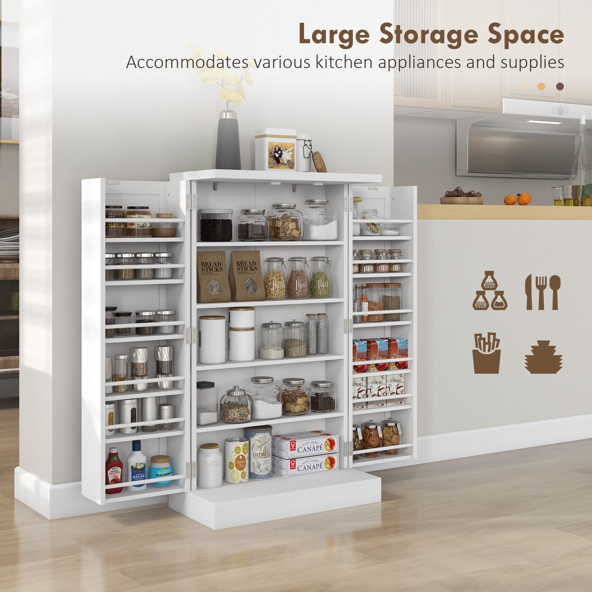 Freestanding Kitchen Pantry Storage Cabinet Kitchen Cabinet with 5-Tier Shelf 12 Spice Racks Adjustable Shelves White-Home Furnishings > Storage & Organization > Kitchen Pantry Cabinets-DECOROLALA