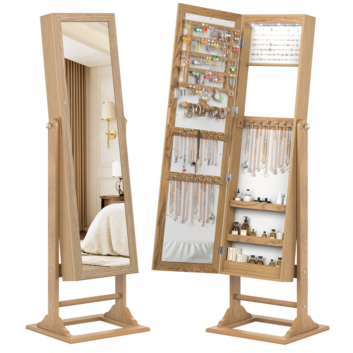 Freestanding Lockable Jewelry Armoire with Full-Length Mirror and 6 LED Lights-Natural-Jewelry Armoires-DECOROLALA