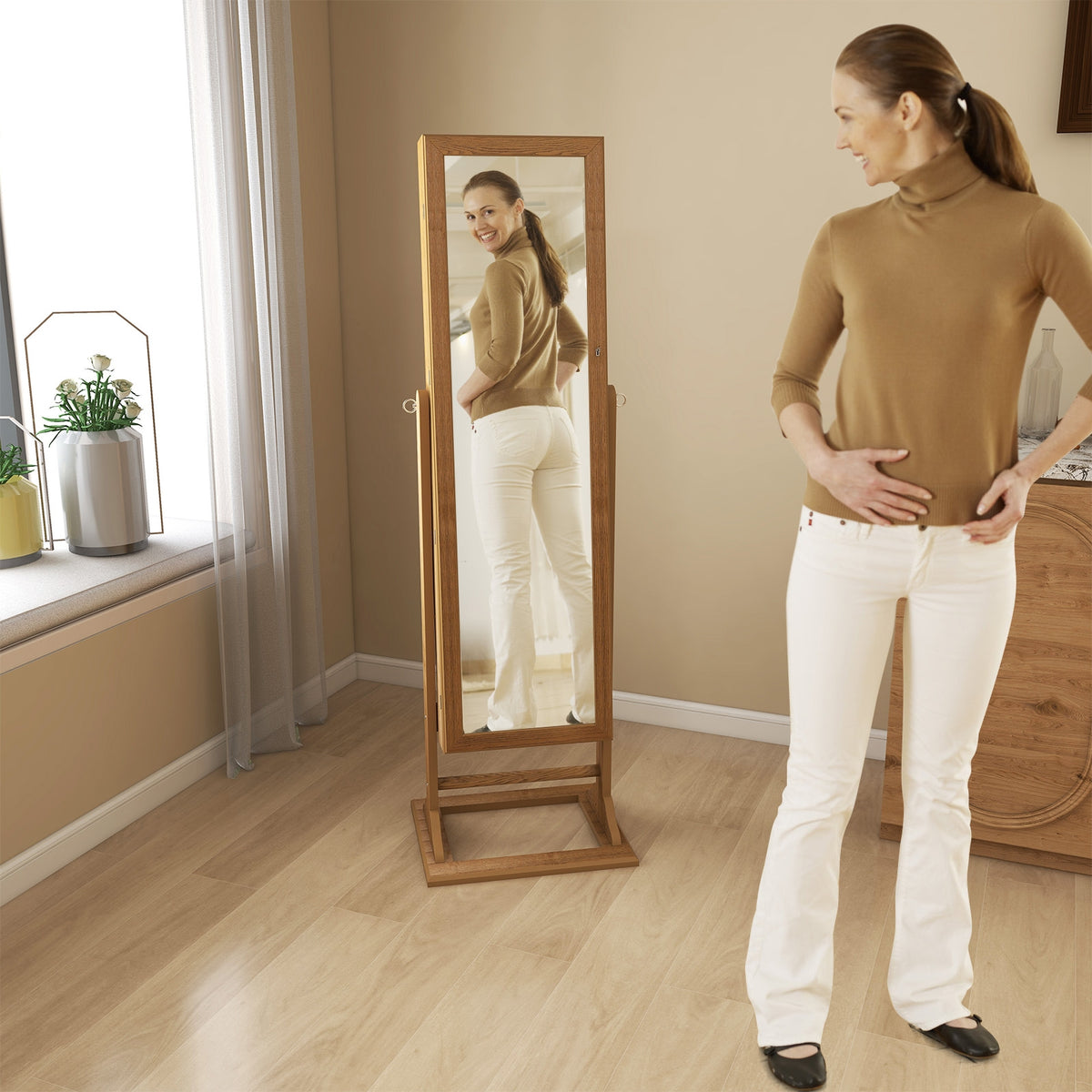 Freestanding Lockable Jewelry Armoire with Full-Length Mirror and 6 LED Lights-Natural-Jewelry Armoires-DECOROLALA