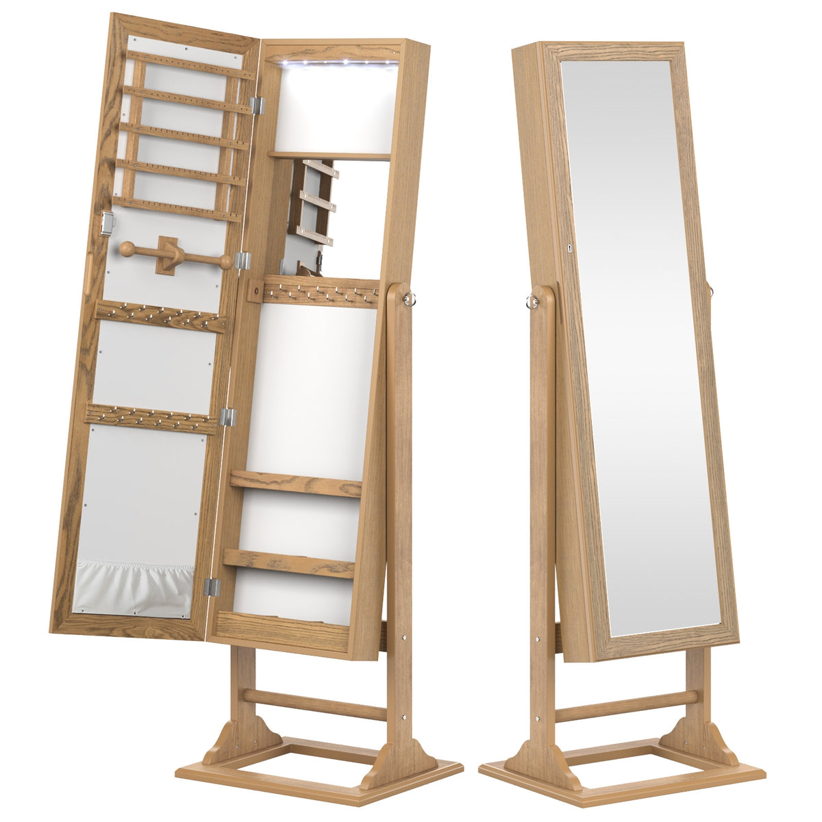 Freestanding Lockable Jewelry Armoire with Full-Length Mirror and 6 LED Lights-Natural-Jewelry Armoires-DECOROLALA