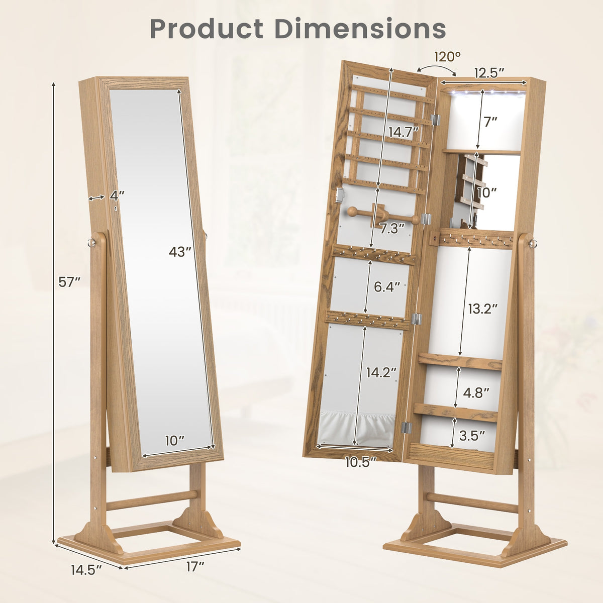 Freestanding Lockable Jewelry Armoire with Full-Length Mirror and 6 LED Lights-Natural-Jewelry Armoires-DECOROLALA