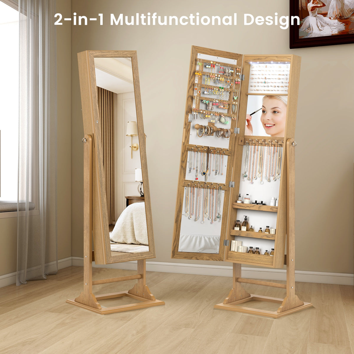 Freestanding Lockable Jewelry Armoire with Full-Length Mirror and 6 LED Lights-Natural-Jewelry Armoires-DECOROLALA